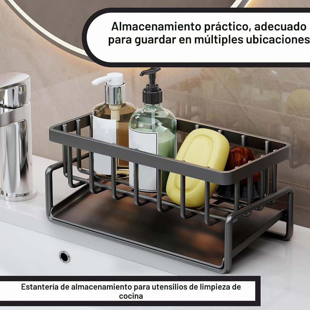 Sponge Organizer Holder for Kitchen Sink - Stainless Steel Soap Organizer with Auto Drain Tray, Countertop Storage Rack for Sink or Bathroom