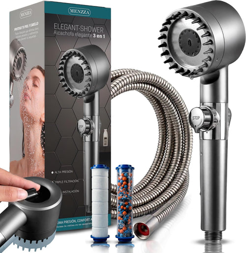 Shower Head Kit with 15 Stage Filter + 1.5 m Hose I 4 in 1 High Pressure Shower Head with Stop Button and 1 + 2 Replacement Anti-Limescale Filters I Massage Head + Hair Exfoliation.