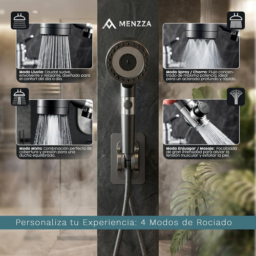 Shower Head Kit with 15 Stage Filter + 1.5 m Hose I 4 in 1 High Pressure Shower Head with Stop Button and 1 + 2 Replacement Anti-Limescale Filters I Massage Head + Hair Exfoliation.