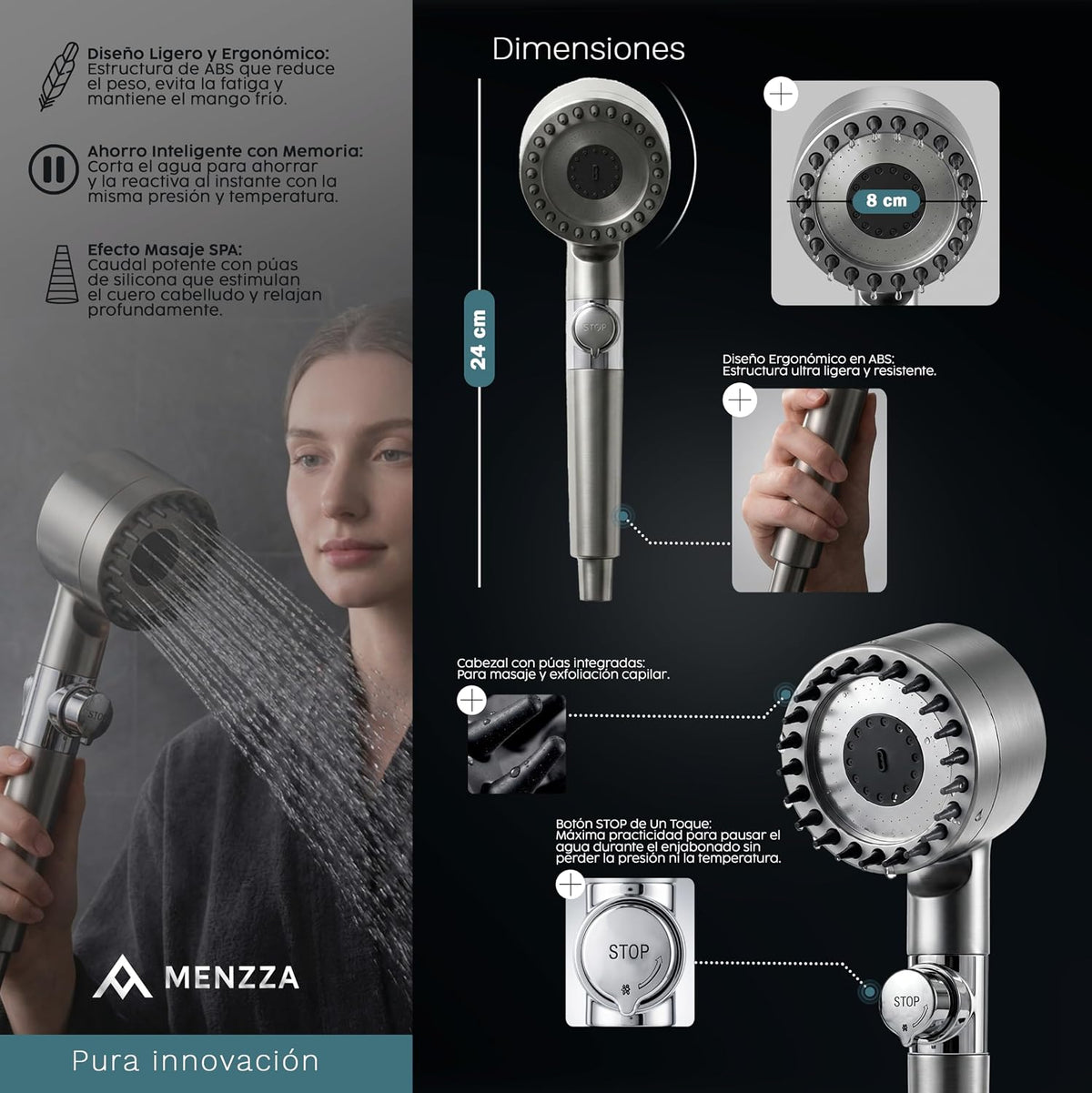 Shower Head Kit with 15 Stage Filter + 1.5 m Hose I 4 in 1 High Pressure Shower Head with Stop Button and 1 + 2 Replacement Anti-Limescale Filters I Massage Head + Hair Exfoliation.