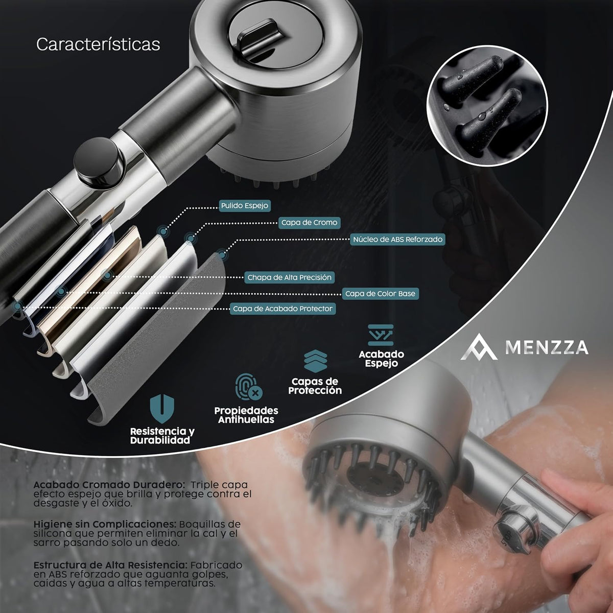 Shower Head Kit with 15 Stage Filter + 1.5 m Hose I 4 in 1 High Pressure Shower Head with Stop Button and 1 + 2 Replacement Anti-Limescale Filters I Massage Head + Hair Exfoliation.