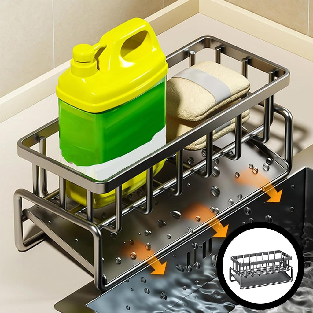 Sponge Organizer Holder for Kitchen Sink - Stainless Steel Soap Organizer with Auto Drain Tray, Countertop Storage Rack for Sink or Bathroom